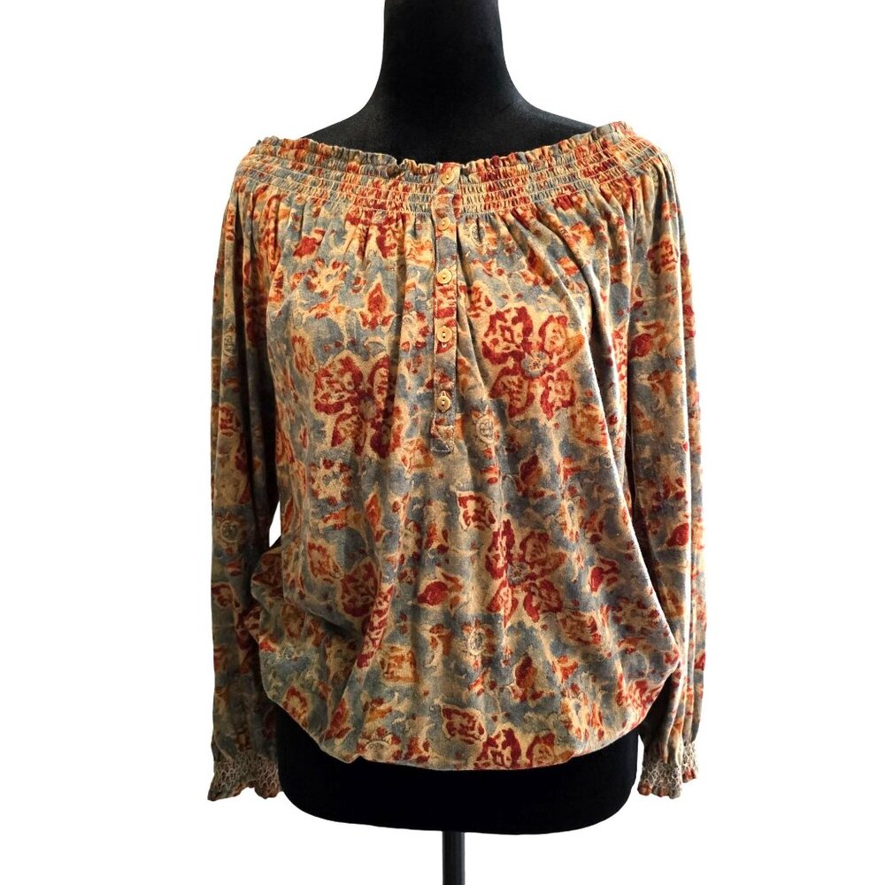 LRL Ralph Lauren Floral Tunic Top M Elastic Cuffs &‎ Hem Cotton Blend whi